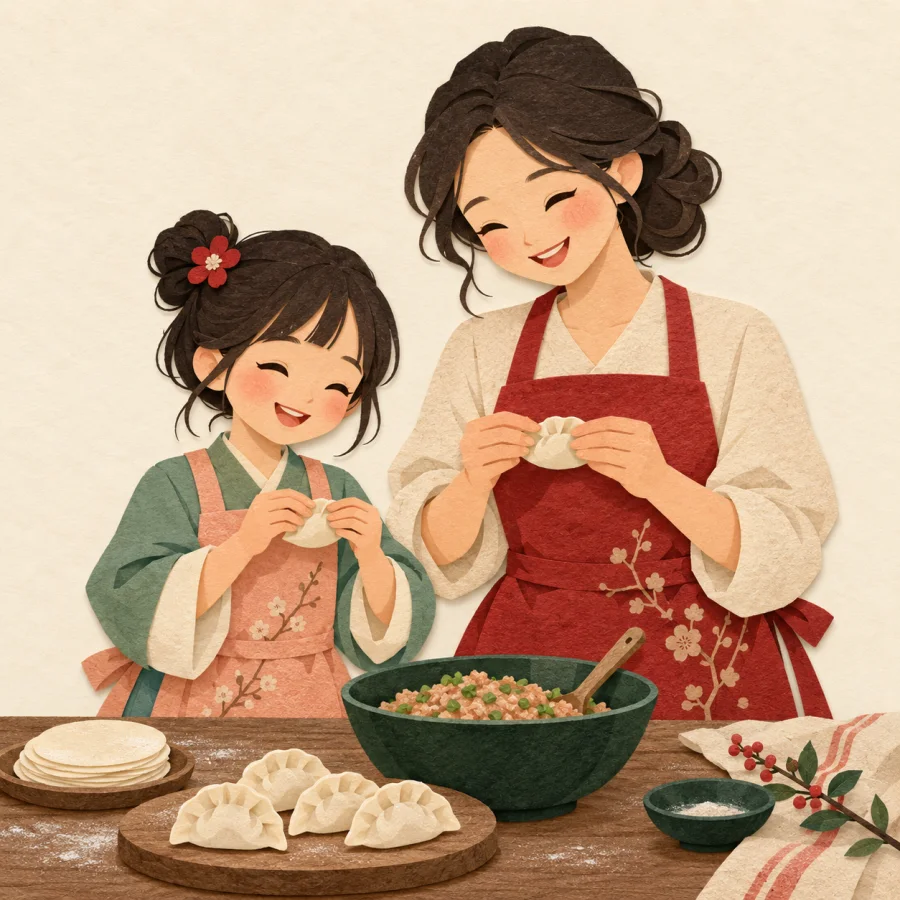 A woman and a girl make dumplings at a table