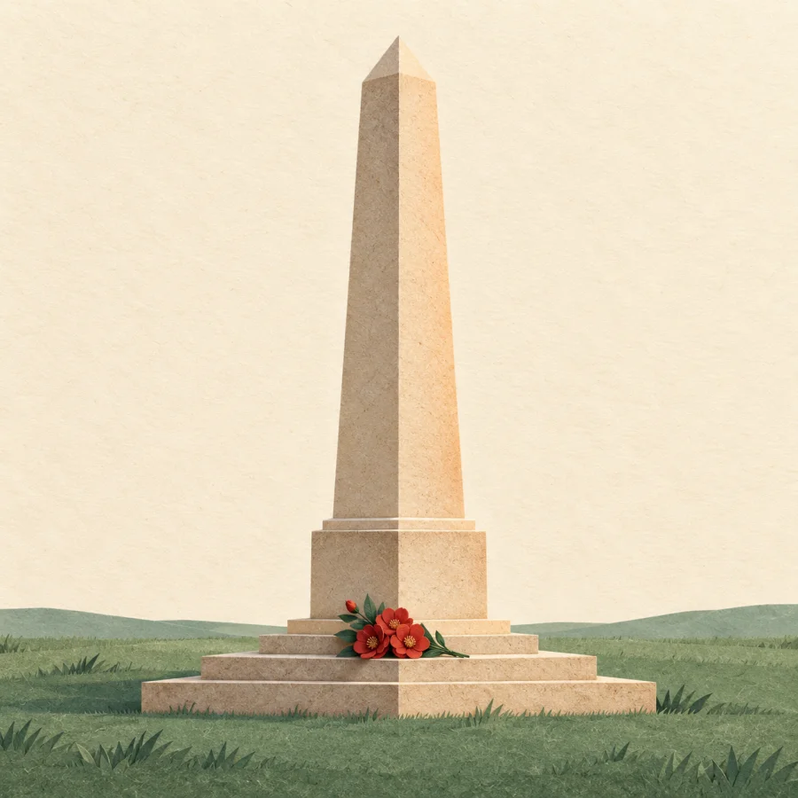 A tall stone monument on a low platform with a bunch of flowers