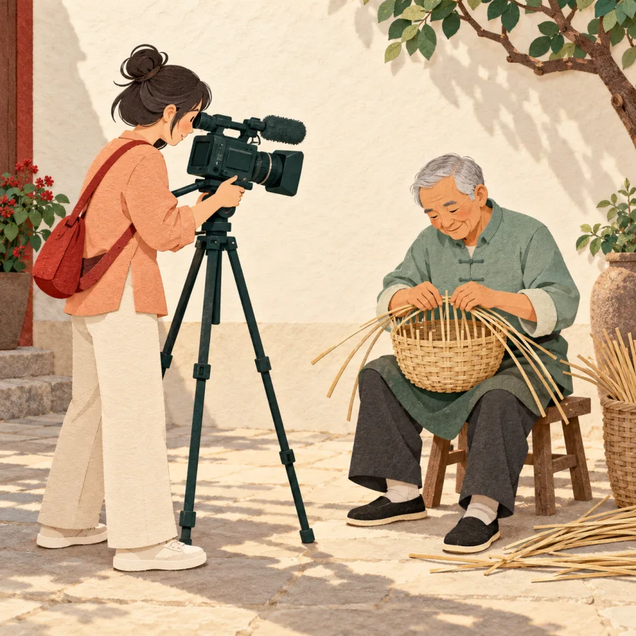 A camera operator films an old craftsman weaving a basket in a courtyard