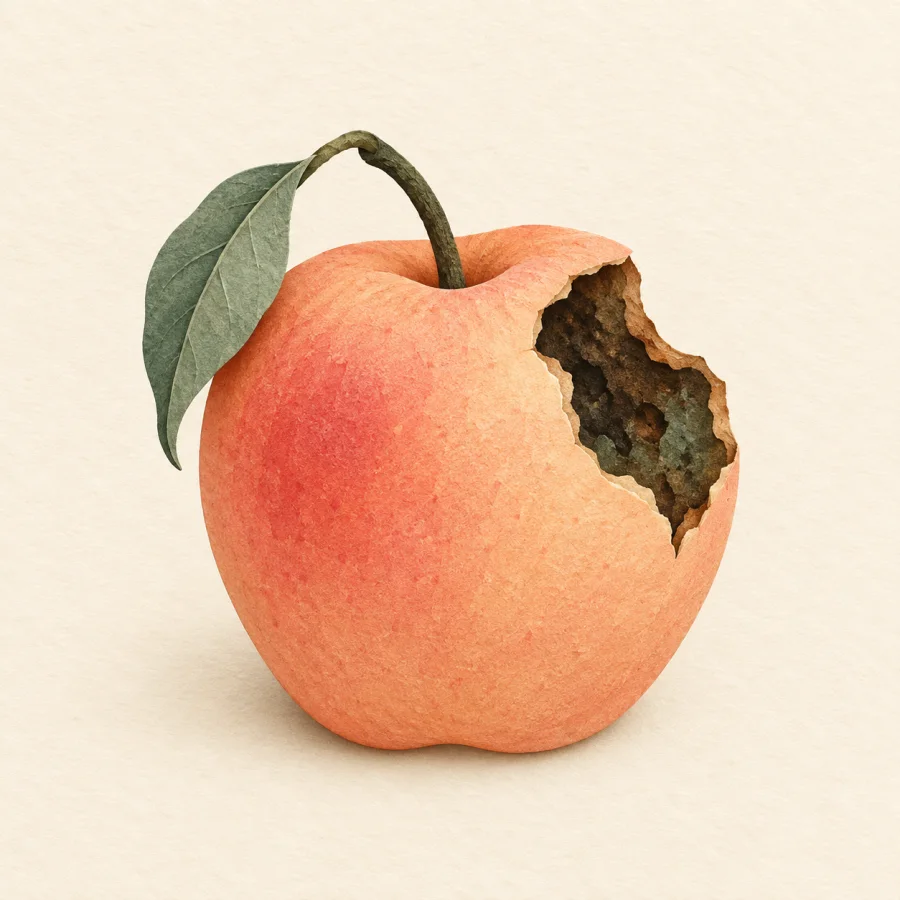 Ein fauler Apfel mit einem Blatt