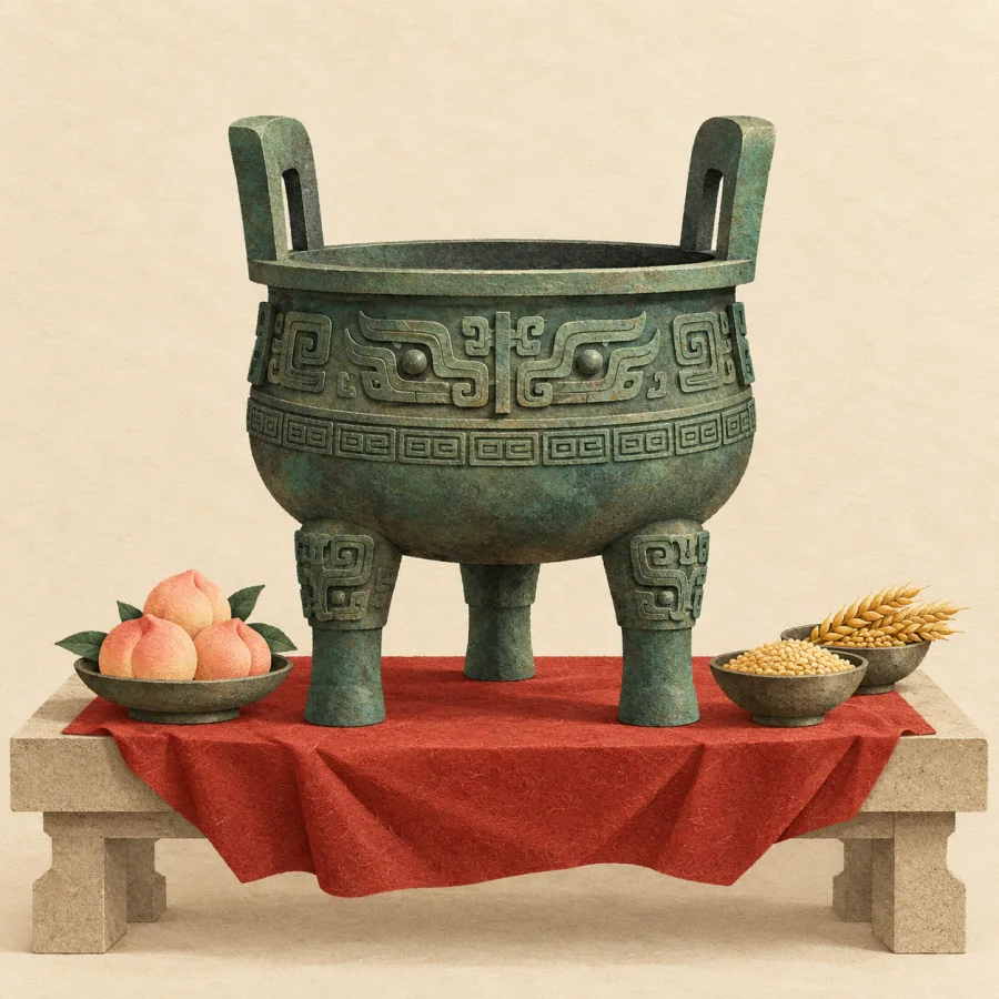 An ancient bronze vessel on a stone table with fruit and grain around it