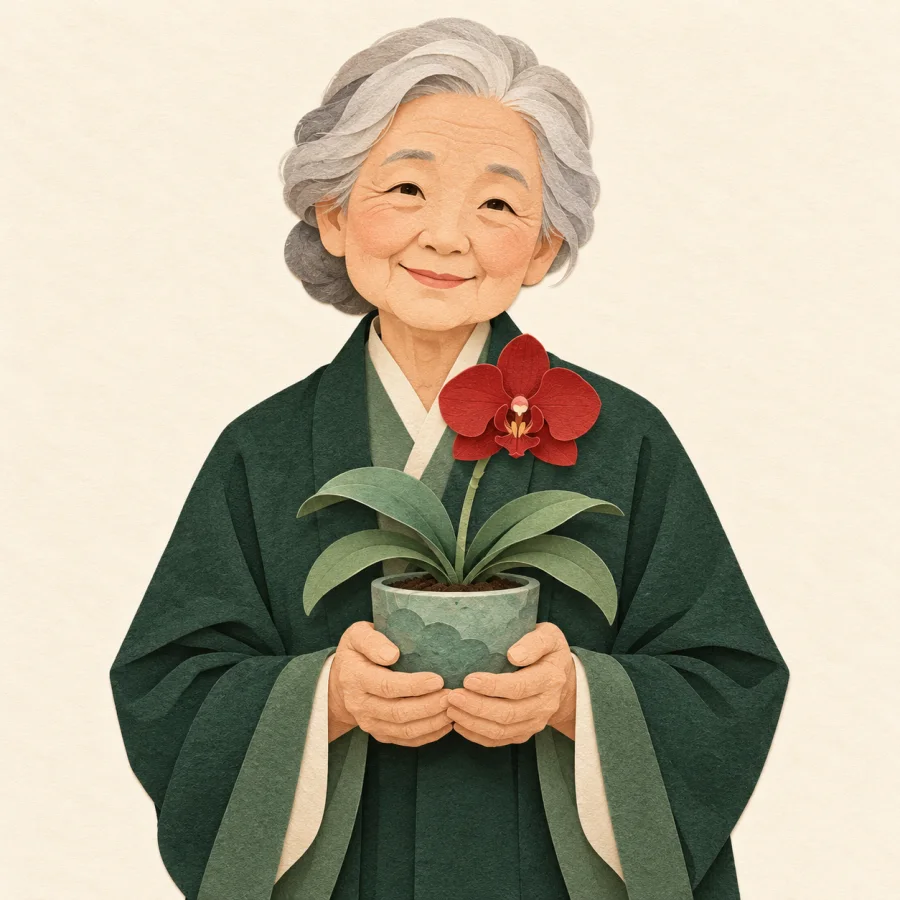 An elderly person looks tenderly at a potted orchid