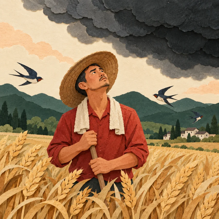 A farmer looks at a dark cloud over a wheat field
