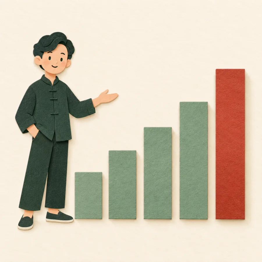 A person stands beside rising bars, the tallest one red