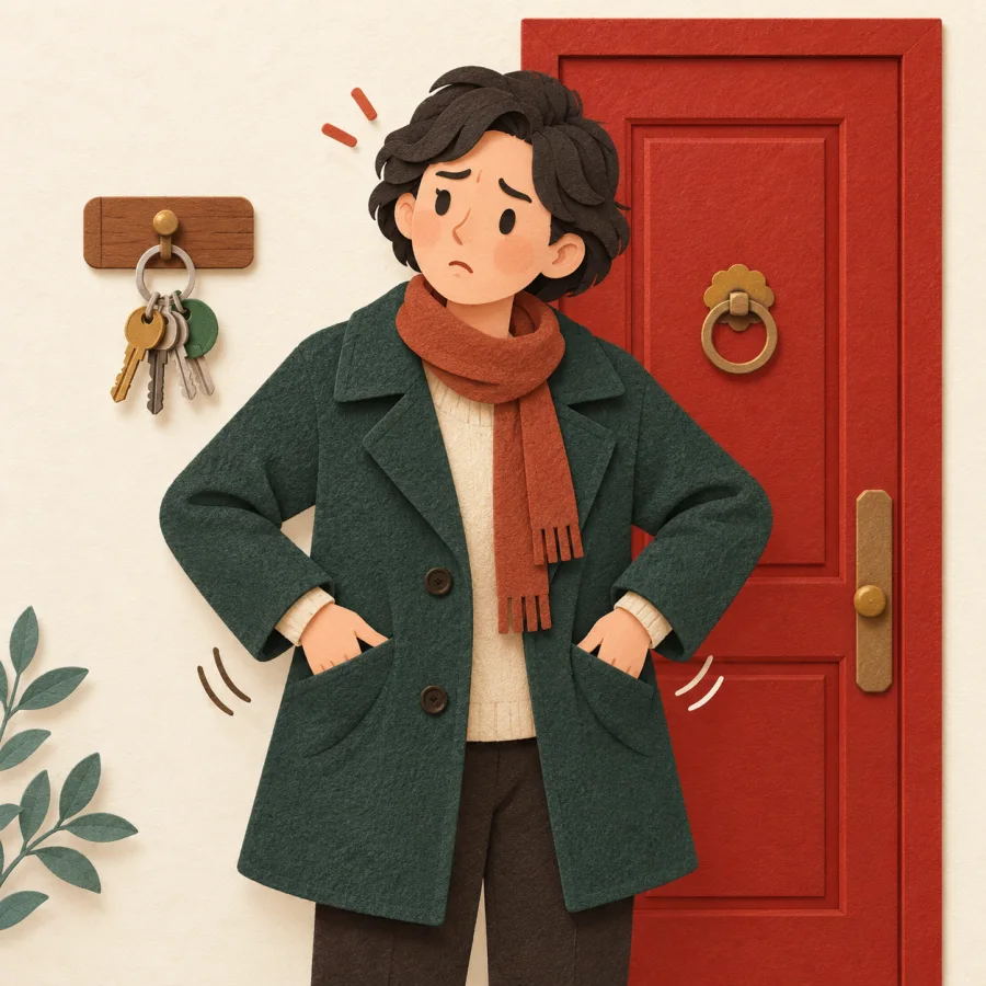 A person pats their pockets at a door, keys hanging behind