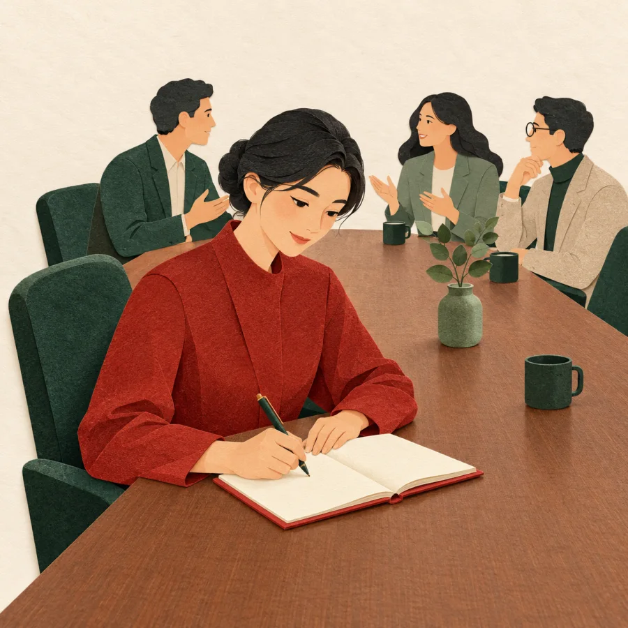 A person at the end of a long table writes in a notebook