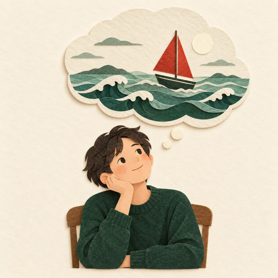 A person in a chair gazes at a bright cloud showing a sea and a sailboat