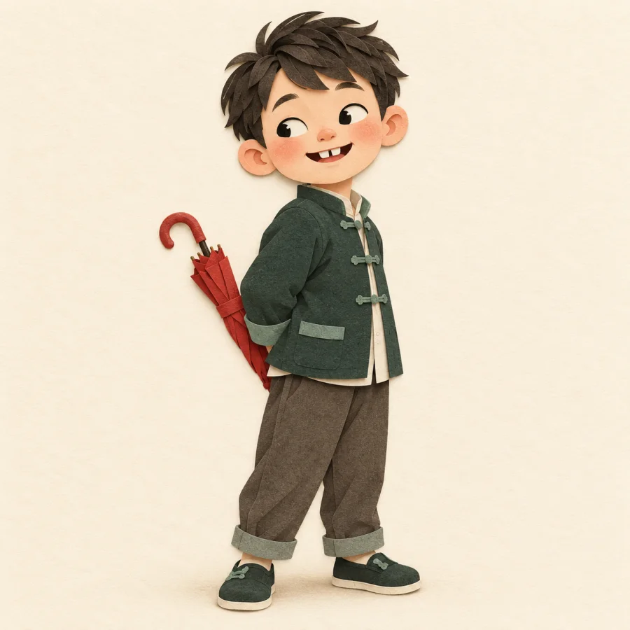 A grinning boy hides a red umbrella behind his back