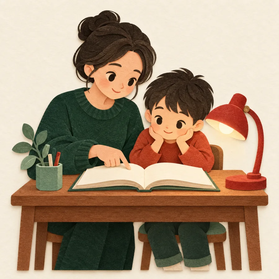 A tutor sits beside a child and points at an open book