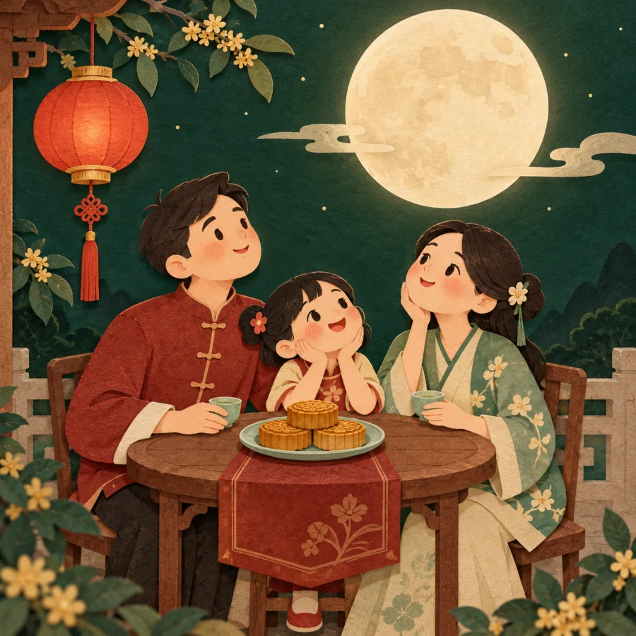 A family at an outdoor table with mooncakes looks at the moon