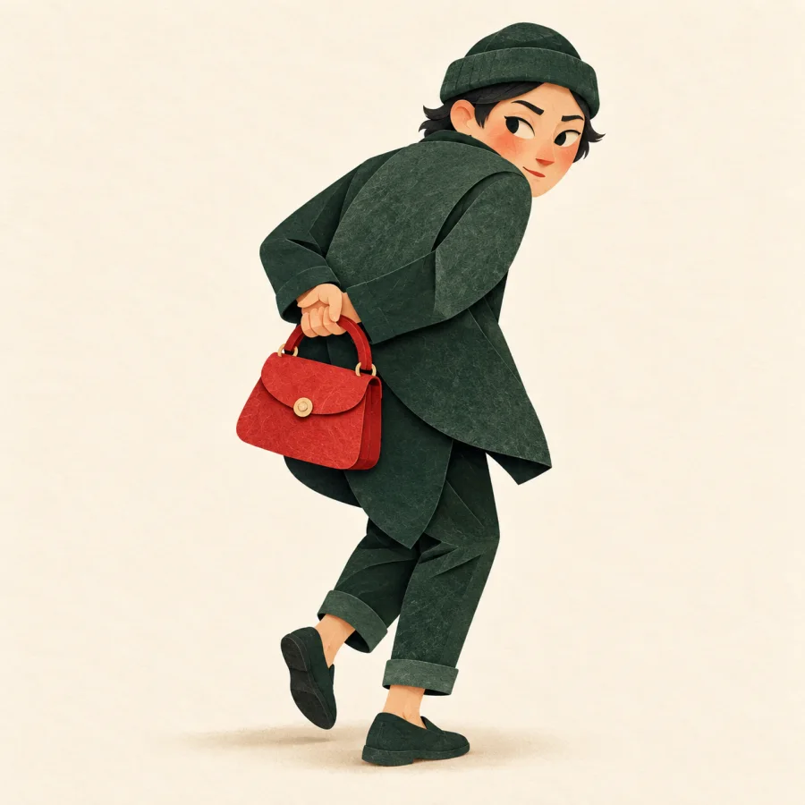 A sneaky person hiding a purse