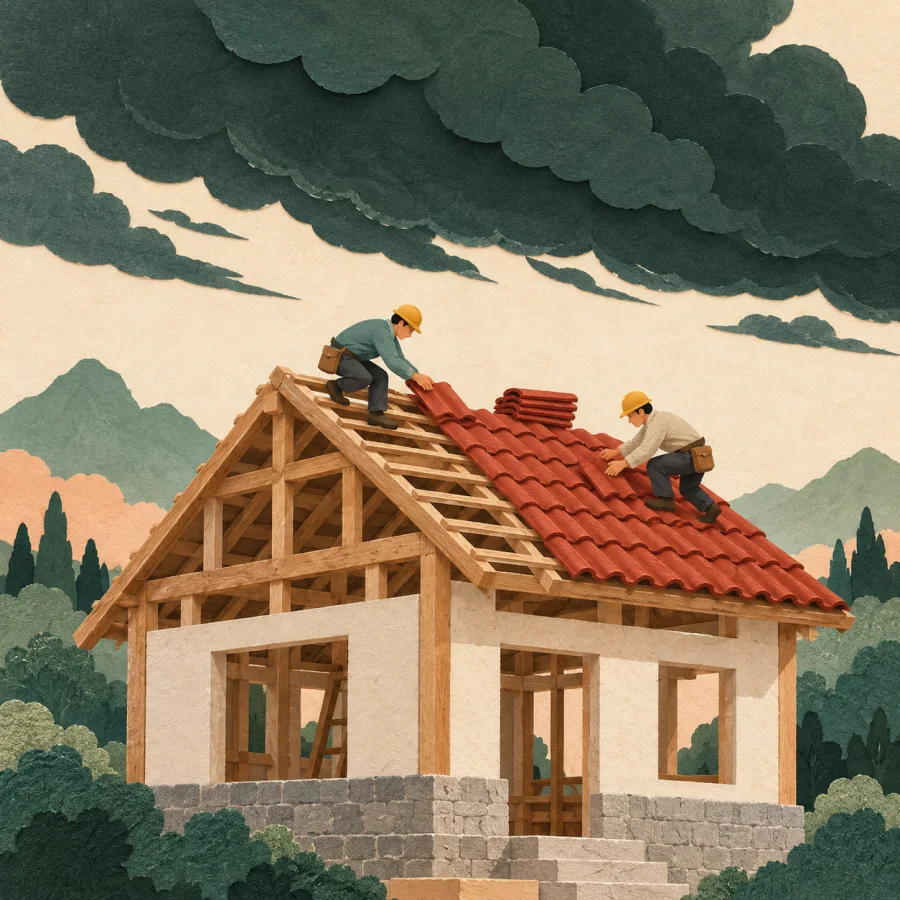 Two builders hurry to lay roof tiles as dark clouds gather