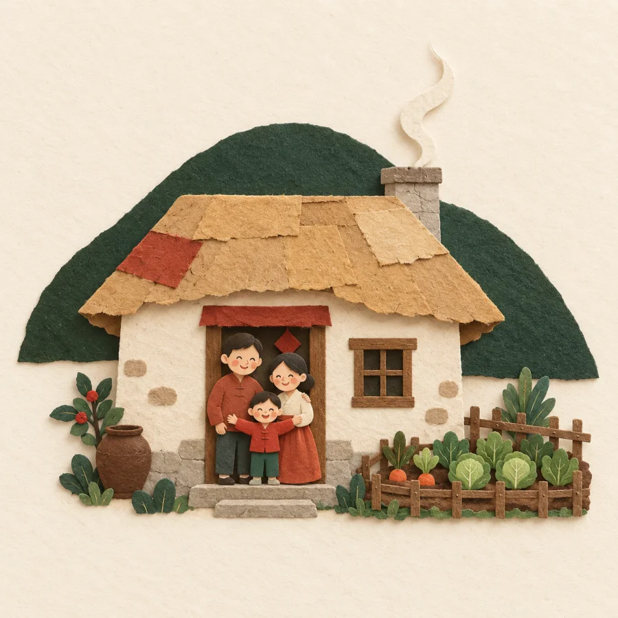 A modest cottage with a patched roof and a vegetable patch
