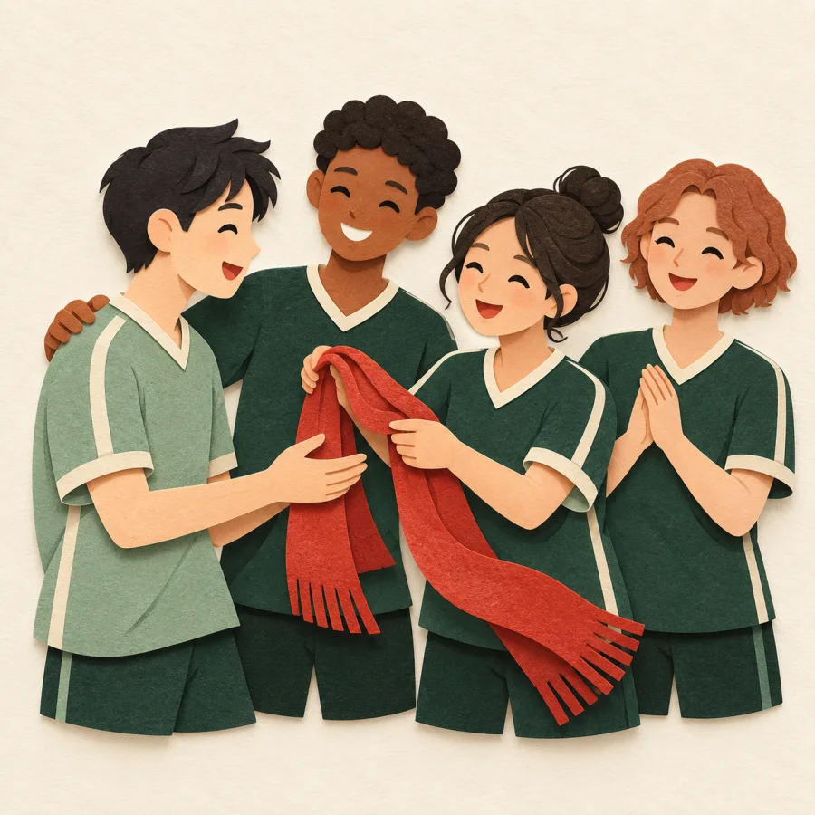 A newcomer joins a line of teammates who hand him a red scarf