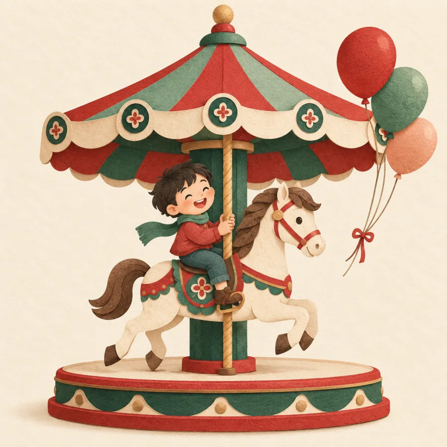 A child rides a carousel horse with balloons floating around