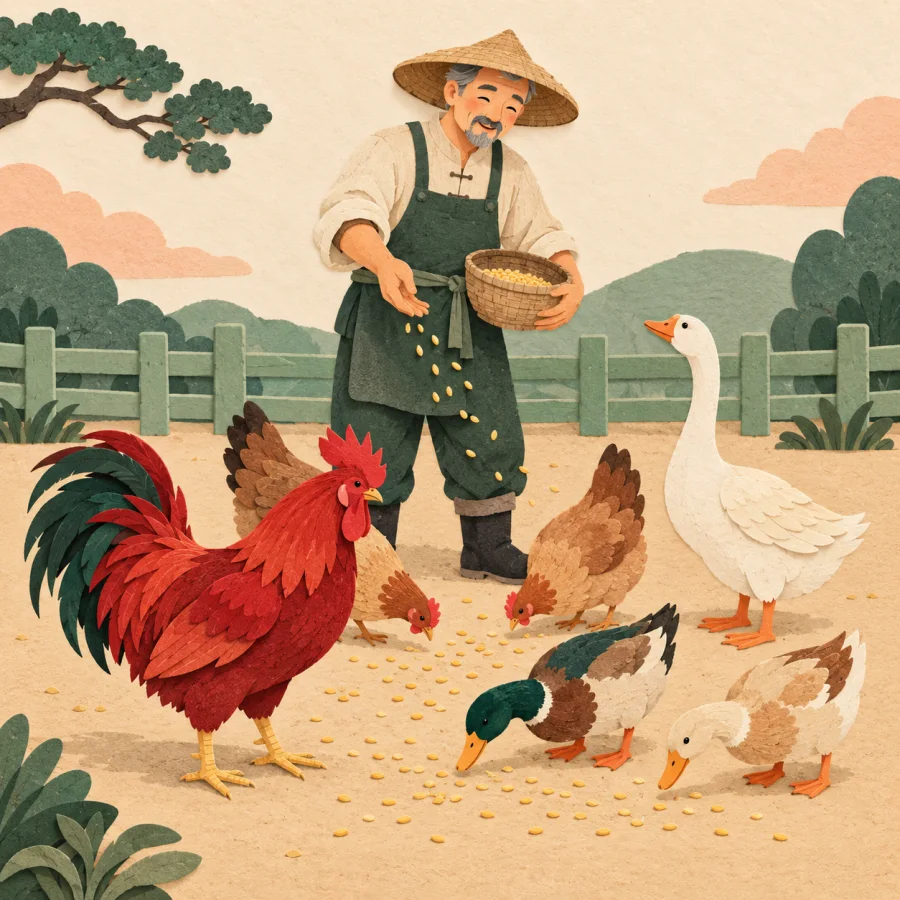 A farmer scatters grain for chickens, ducks and a goose in a yard