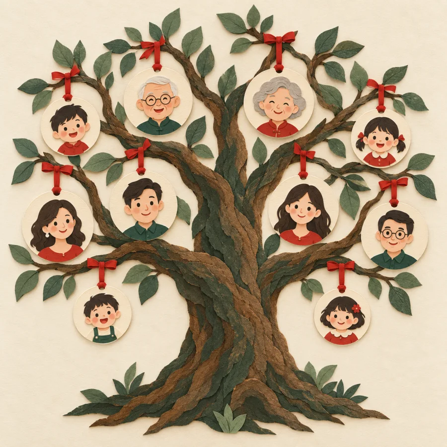 An old tree with branches hung with small round portraits