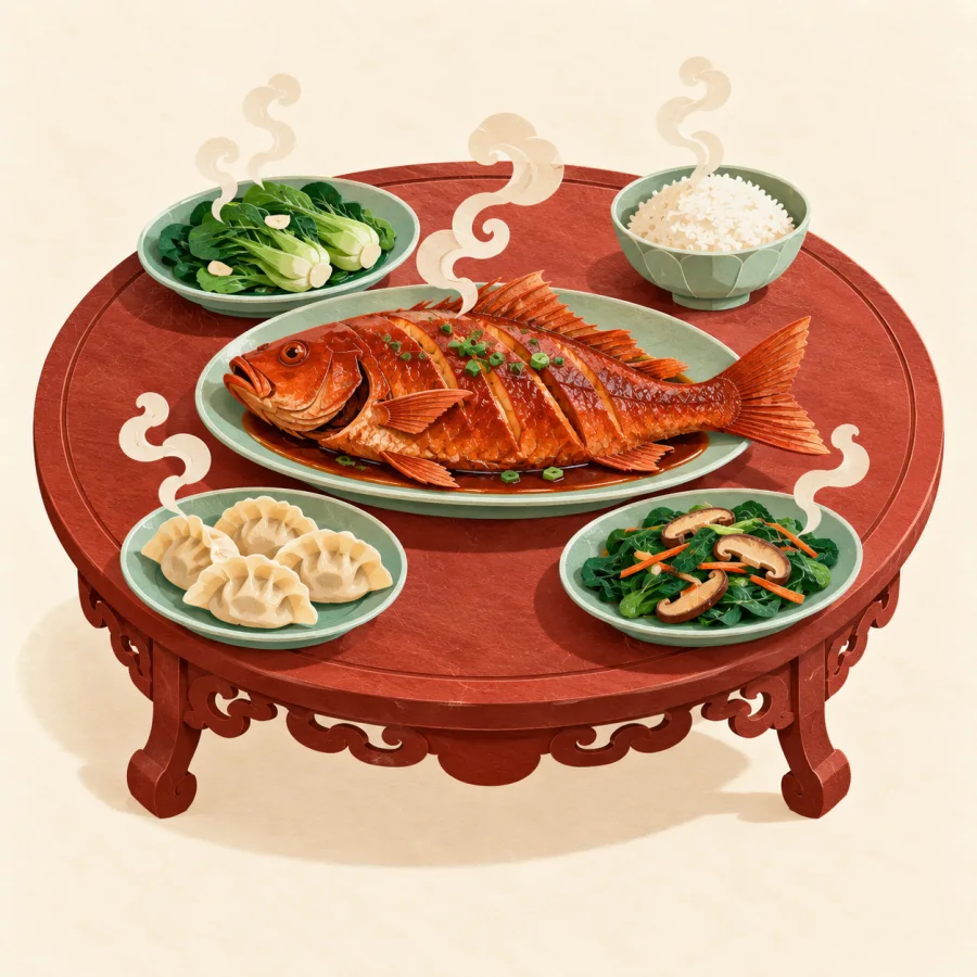 A round table with several steaming dishes