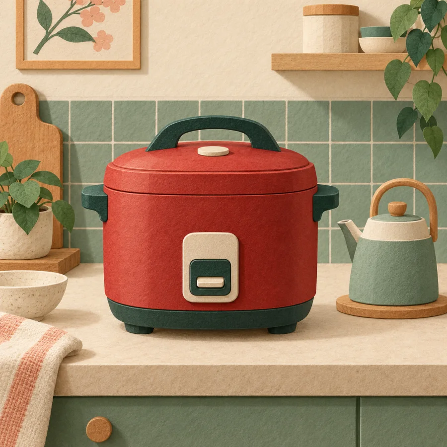 A red rice cooker on a kitchen counter beside a kettle
