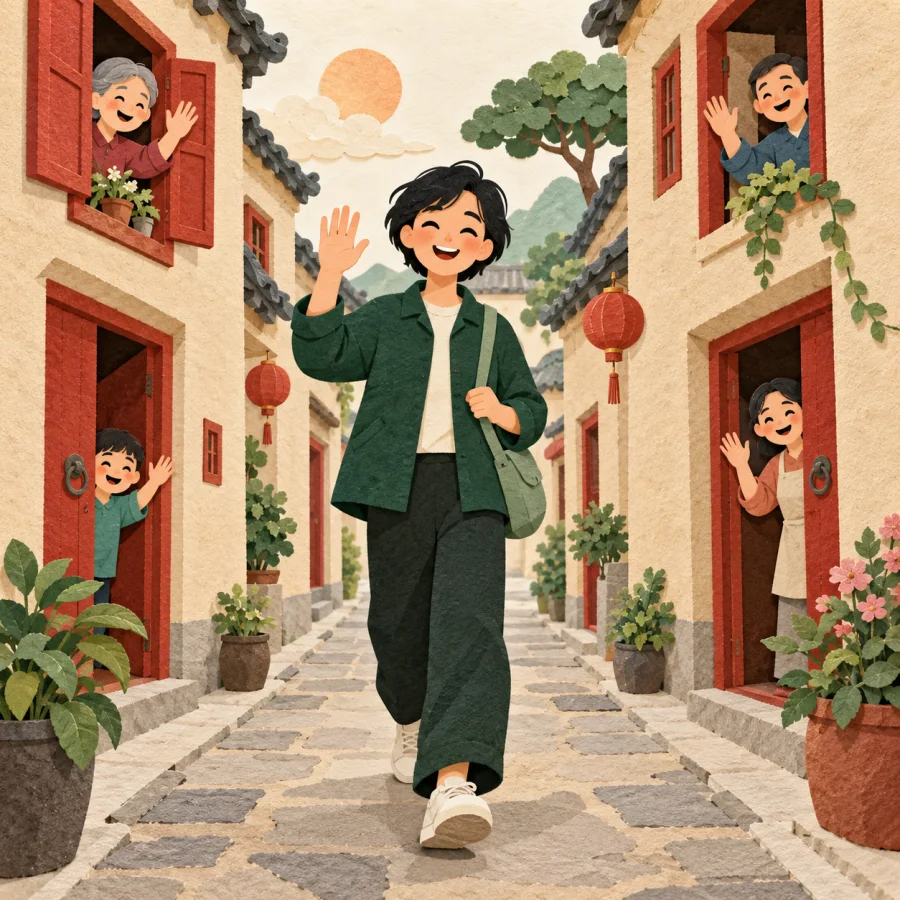 A person walks down a lane while people wave from every window