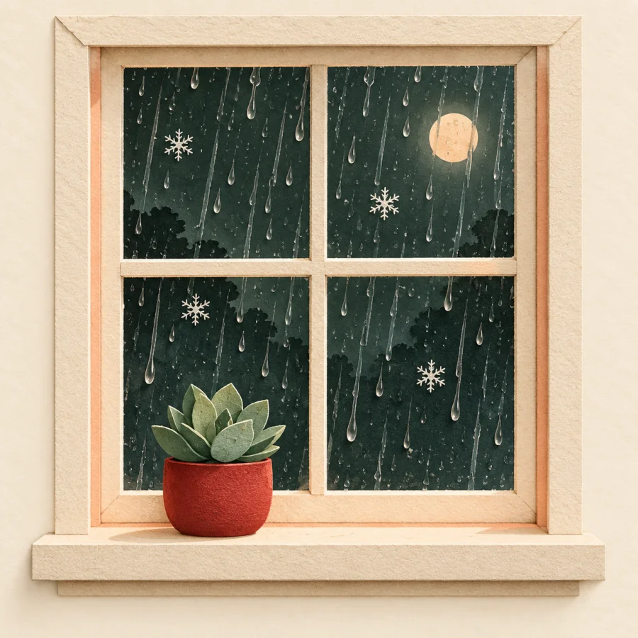 A window with raindrops and a few snowflakes