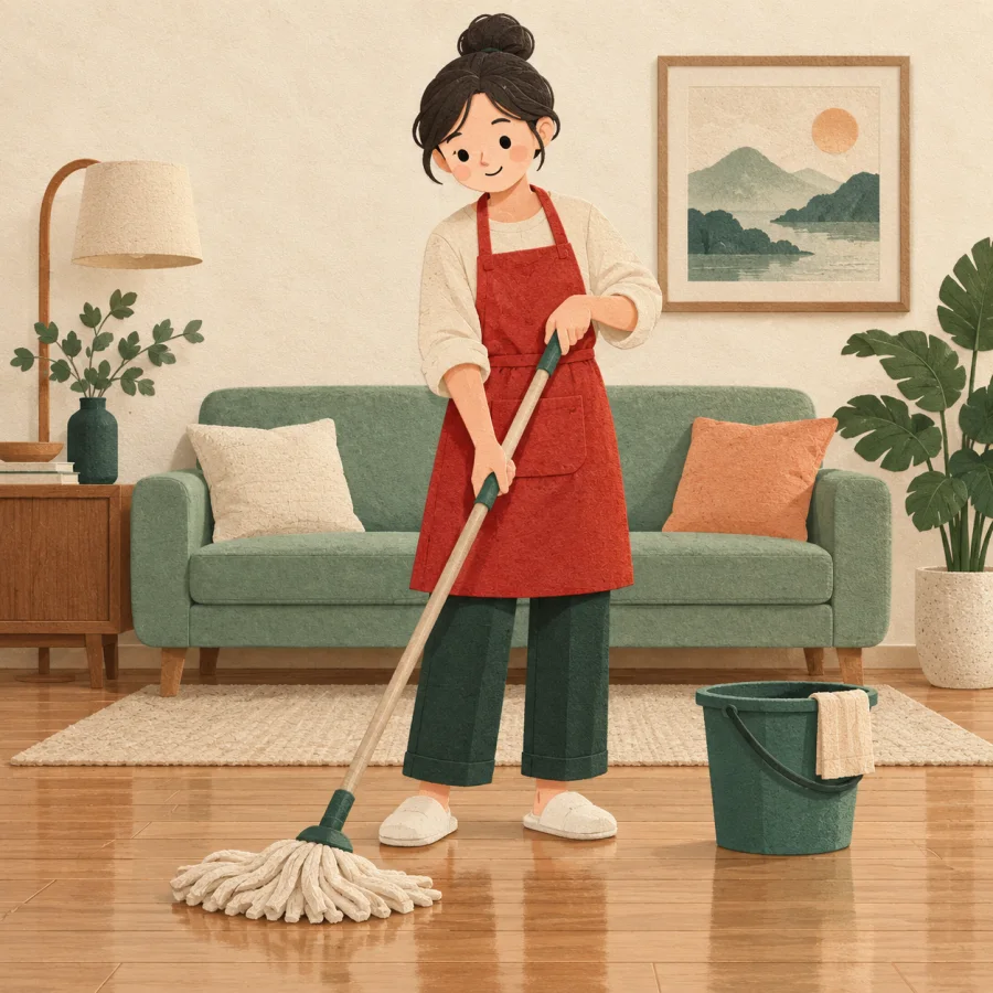 A person in a red apron mops the floor of a tidy room
