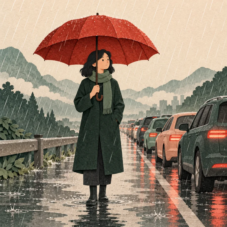 A person under a red umbrella stands by a line of cars in the rain