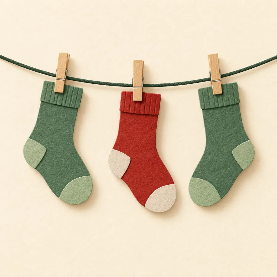 A clothesline with three socks on wooden clips