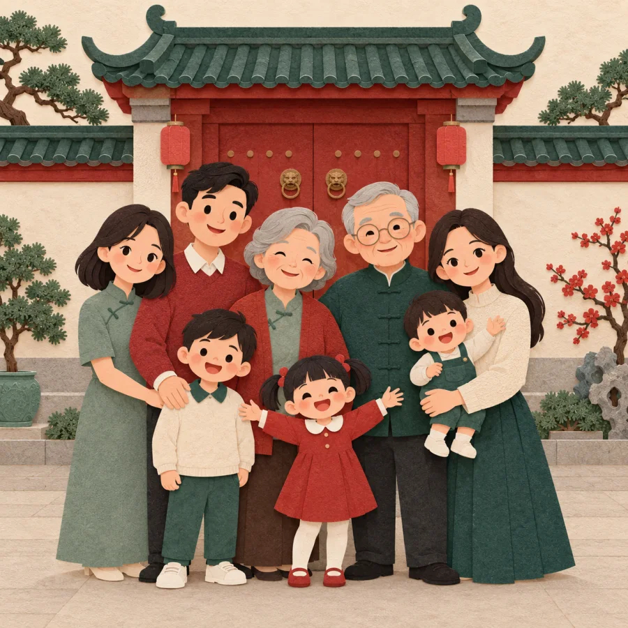 Many generations of a family pose before an old courtyard house