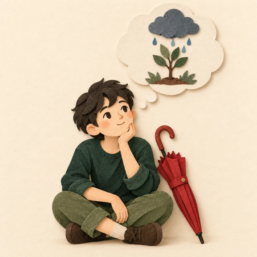 A thoughtful person with a thought cloud showing a tree under a raincloud
