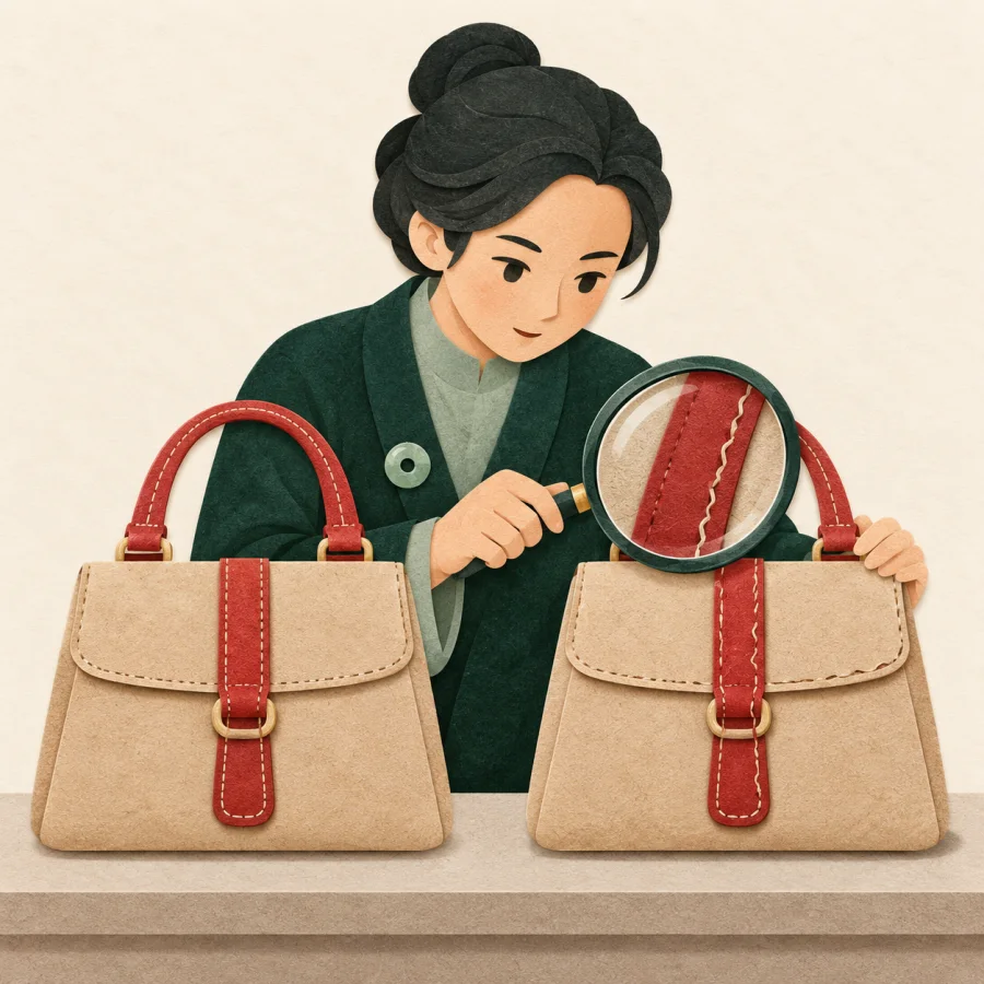A person with a magnifying glass compares two nearly identical handbags