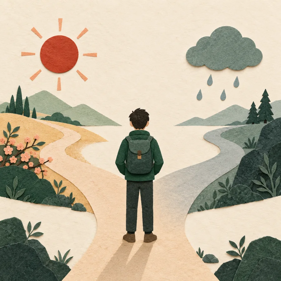 A person at a fork: a sunny road on one side, a rainy road on the other