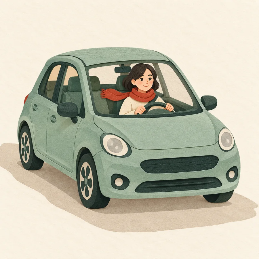 A person drives a green car along a road
