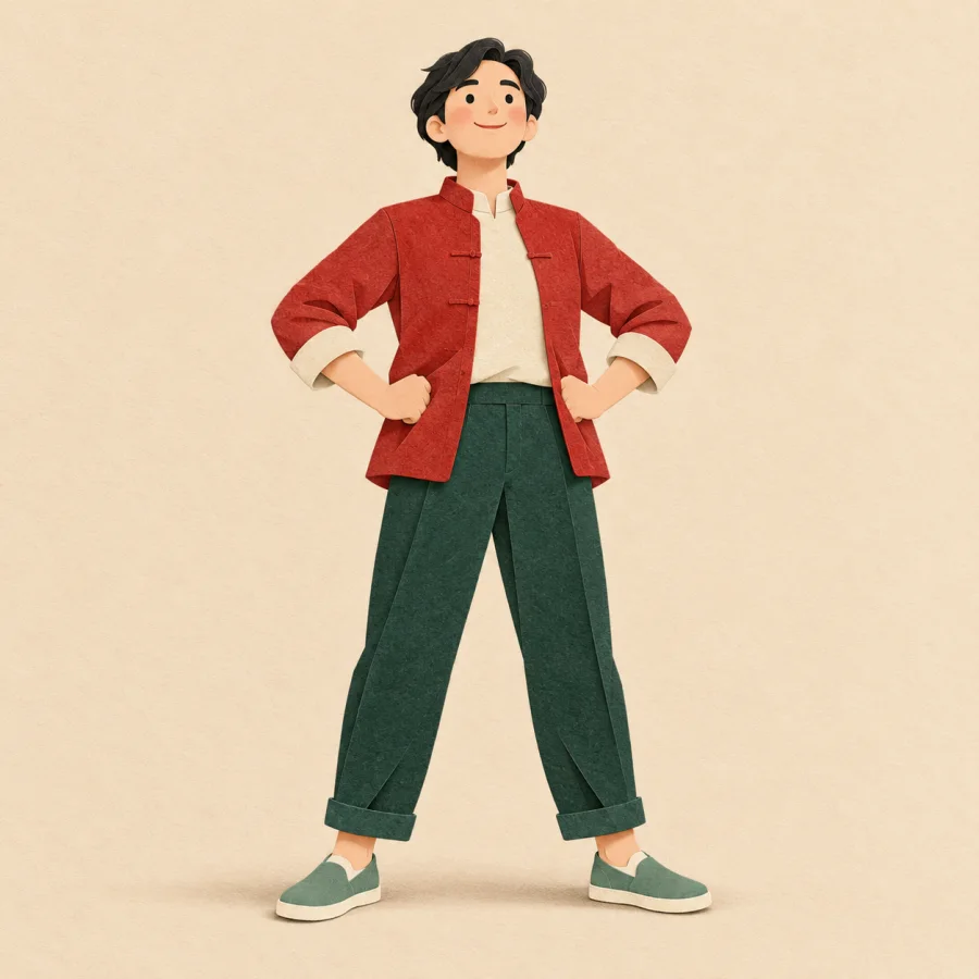 A person stands with fists on hips in a bold pose