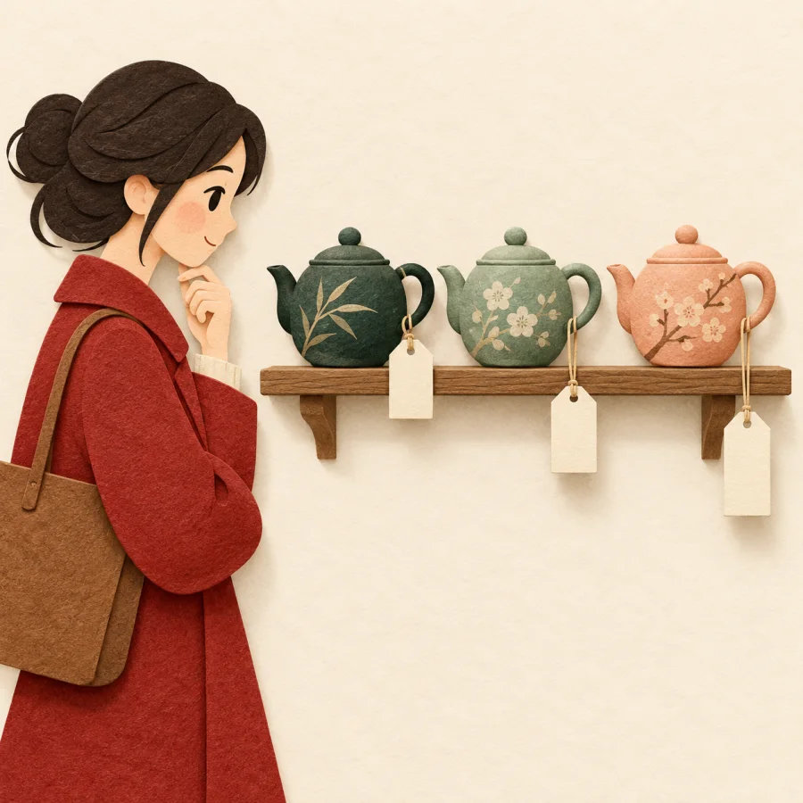 A shopper compares teapots with blank tags