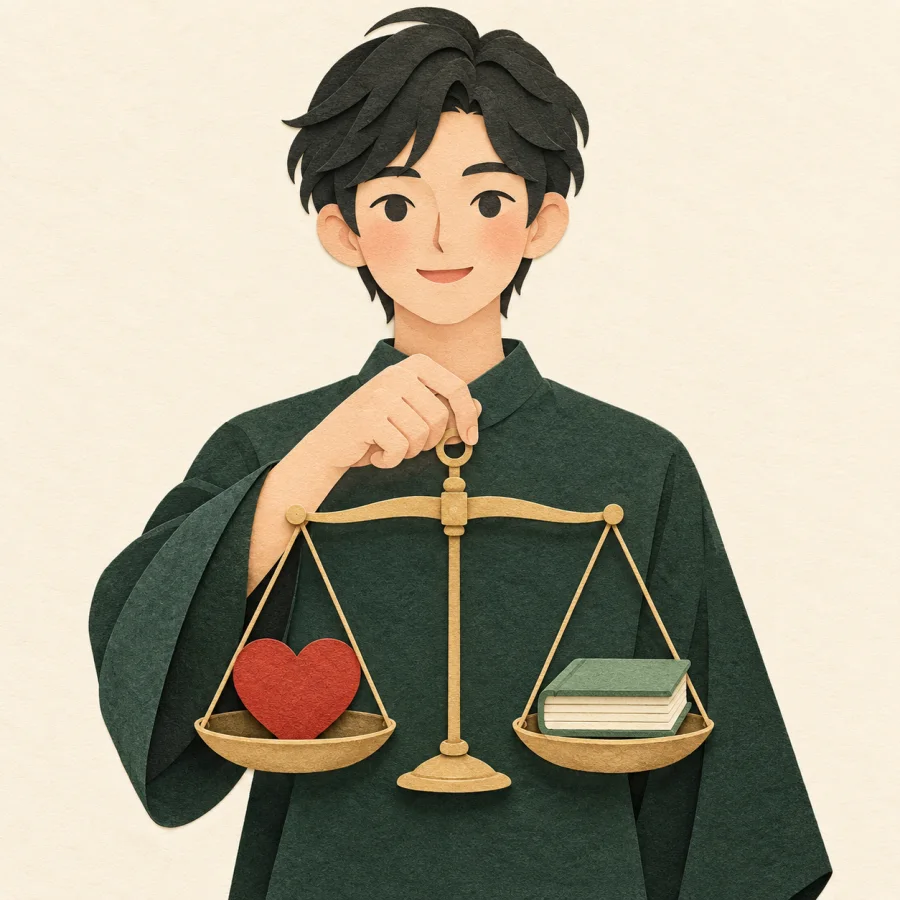 A person holds a balance with a heart and a book
