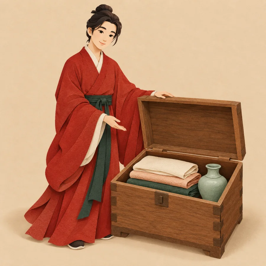 A person in red beside an open chest of cloth