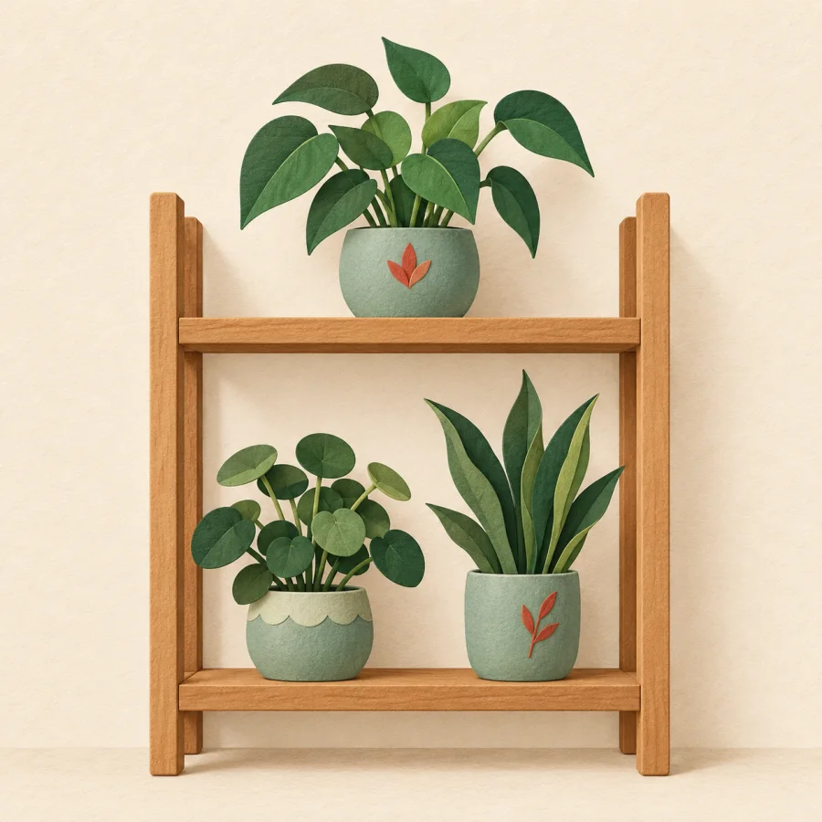 A wooden shelf with three potted plants