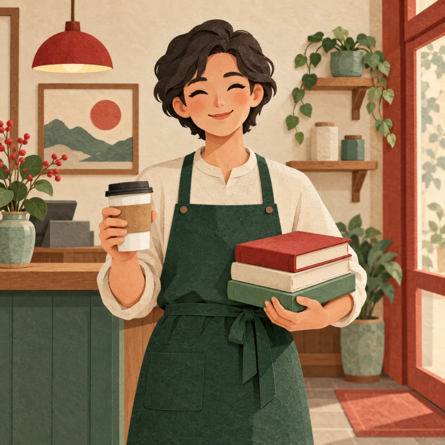 A person holds a coffee cup and a stack of books