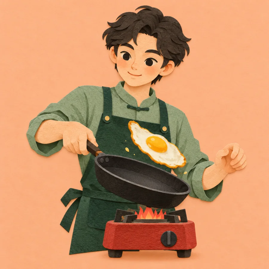 A person flips an egg in a frying pan