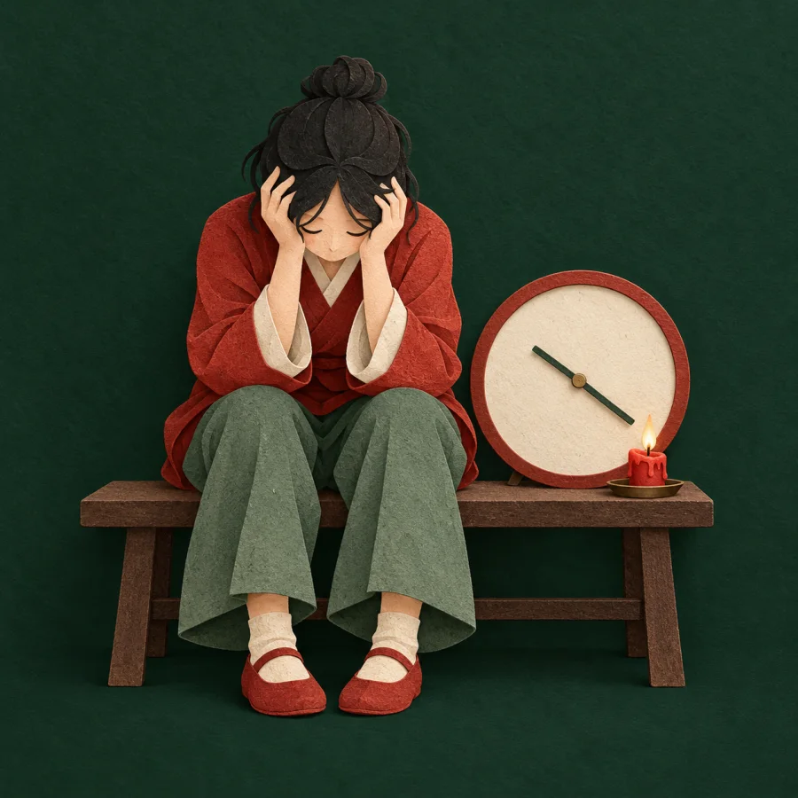 A person sits holding their head beside a big clock
