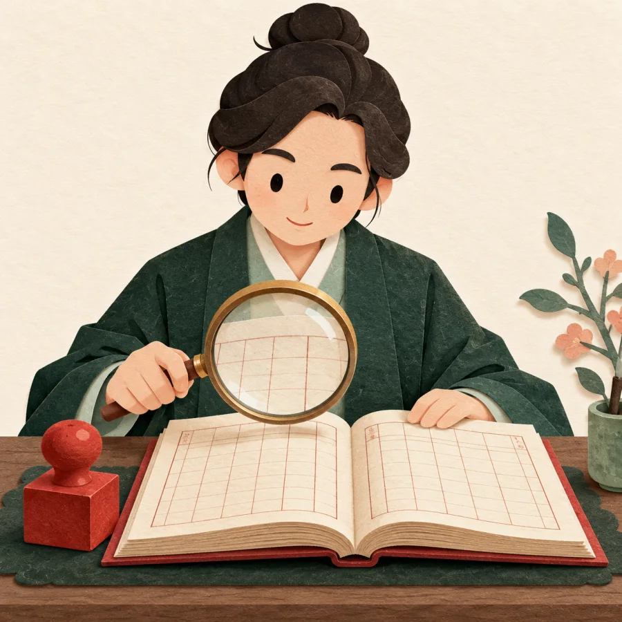A person examines a ledger with a magnifying glass
