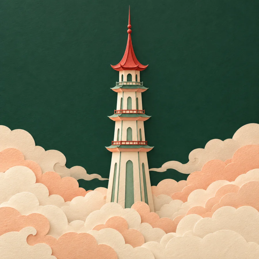 A tower spire with a red tip above the clouds