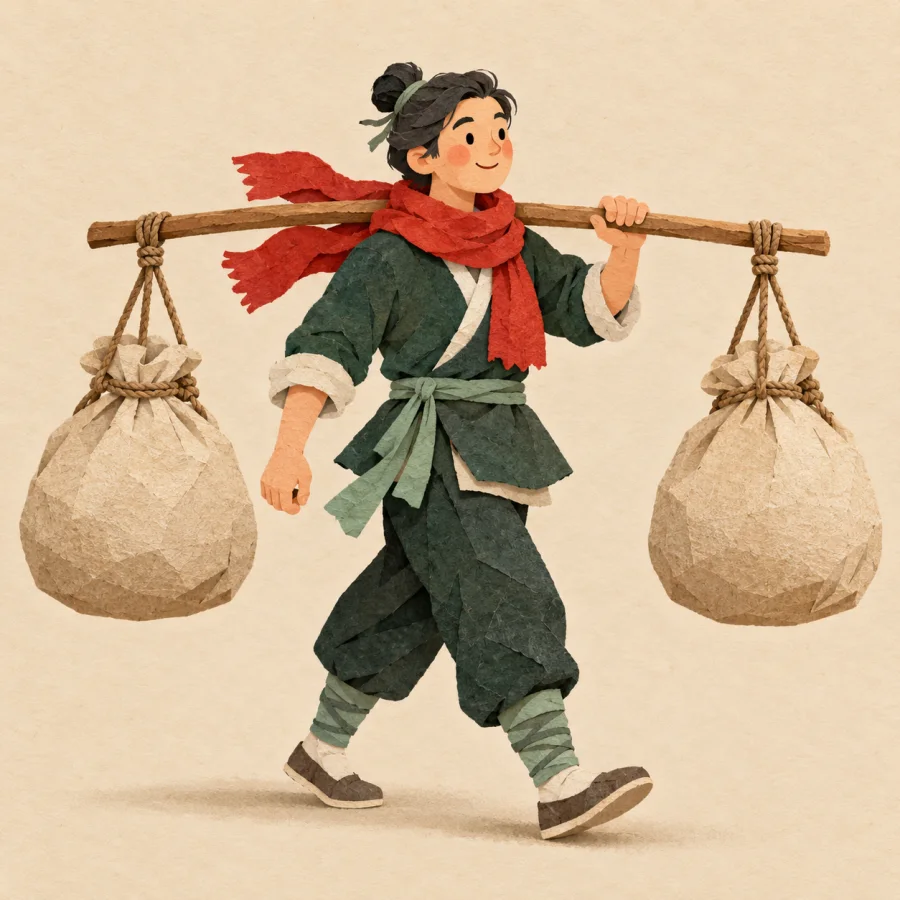 A person carries a pole with two sacks on the shoulders