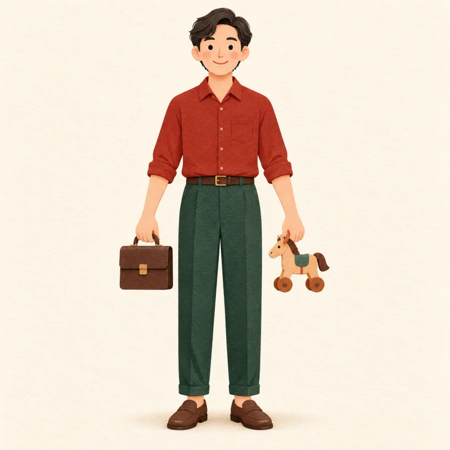 A person holds a briefcase and a toy level