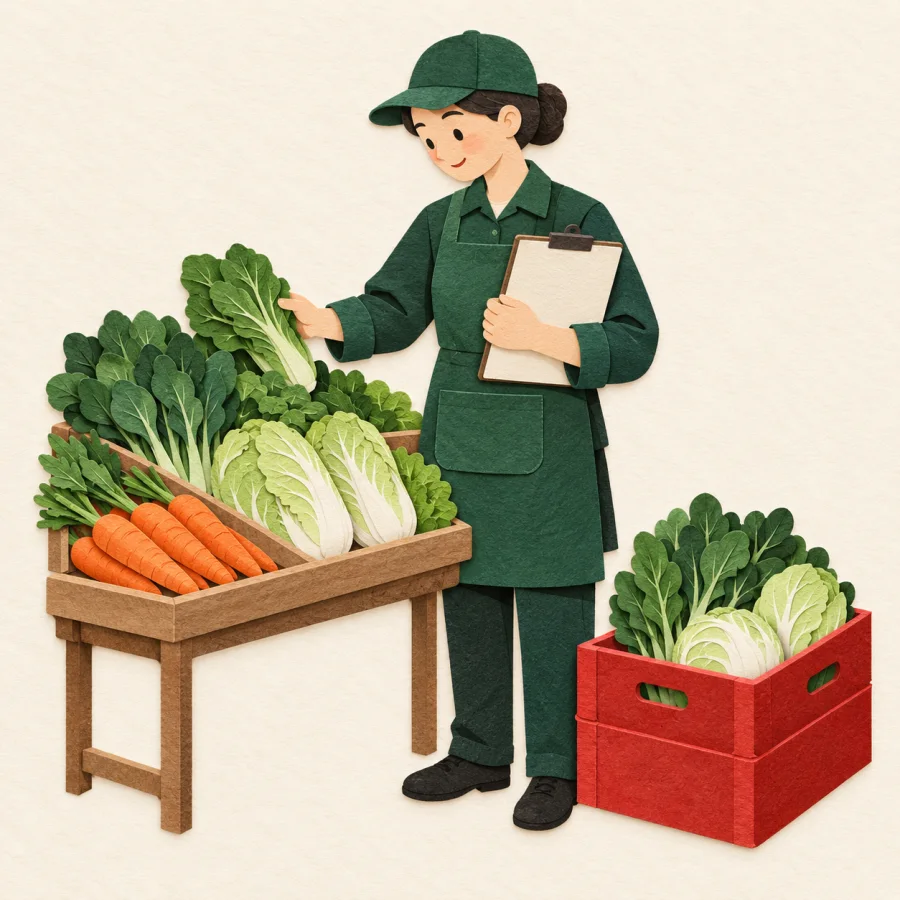 A person with a clipboard checks vegetables at a stall