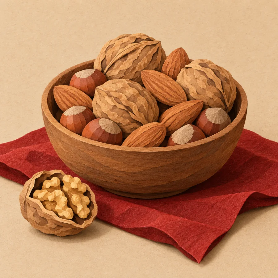 A wooden bowl full of assorted nuts