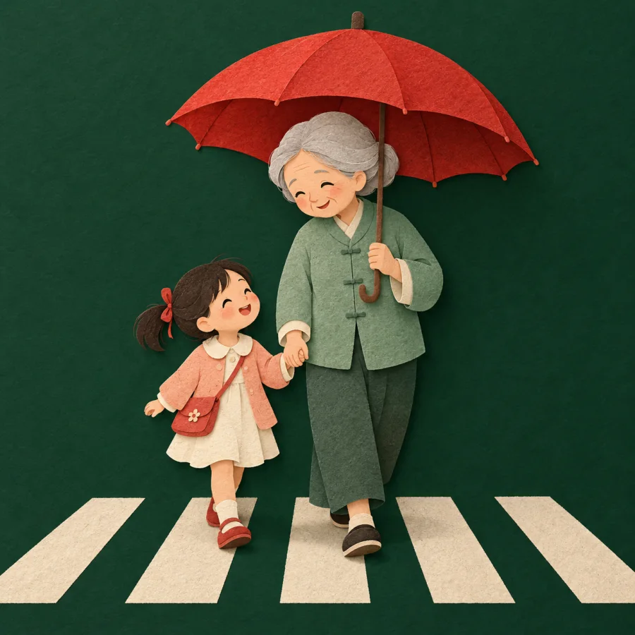 An elderly person leads a child by the hand under an umbrella