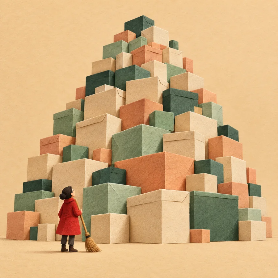 A small person looks up at a mountain of boxes
