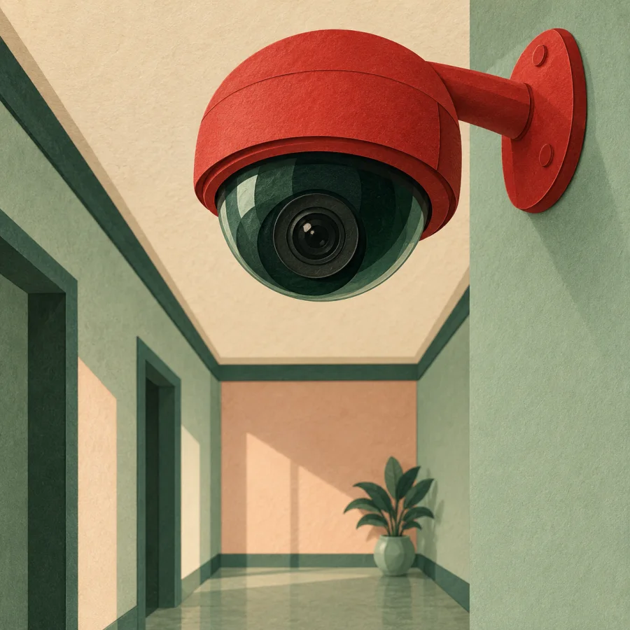 A security camera on a wall above an empty hallway